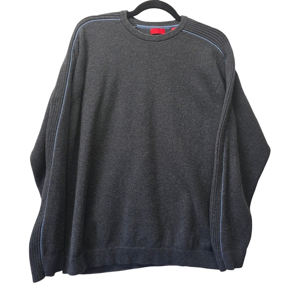 IZOD Mens Crewneck Sweater Large Gray Cotton Knit Blue Piping Ribbed Shoulder